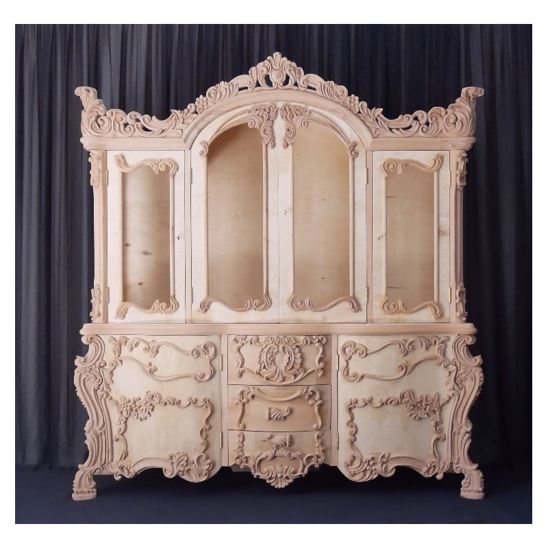 Buffet Vitrine de Style Baroque en Bois Brut - L200cm H220cm
